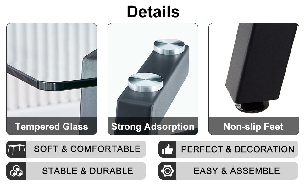 Table and chair set. 1 table and 6 light grey chairs. Glass dining table with 0.31-inch tempered glass tabletop and black coated metal legs. Equipped with light grey PU chairs 1123 008