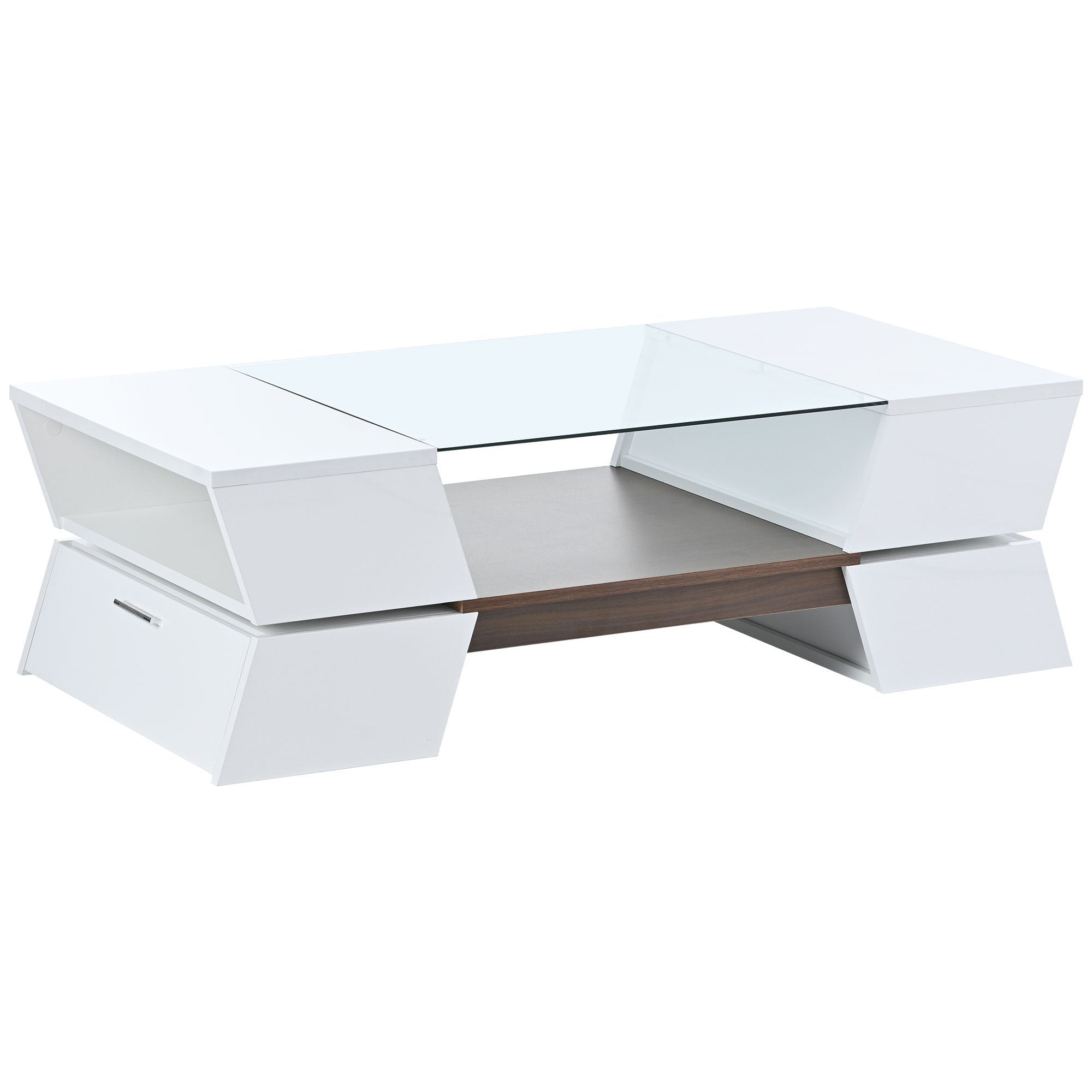 [VIDEO provided] ON-TREND 6mm Glass-Top Coffee Table with Open Shelves and Cabinets, Geometric Style Cocktail Table with Great Storage Capacity, Modernist 2-Tier Center Table for Living Room, White