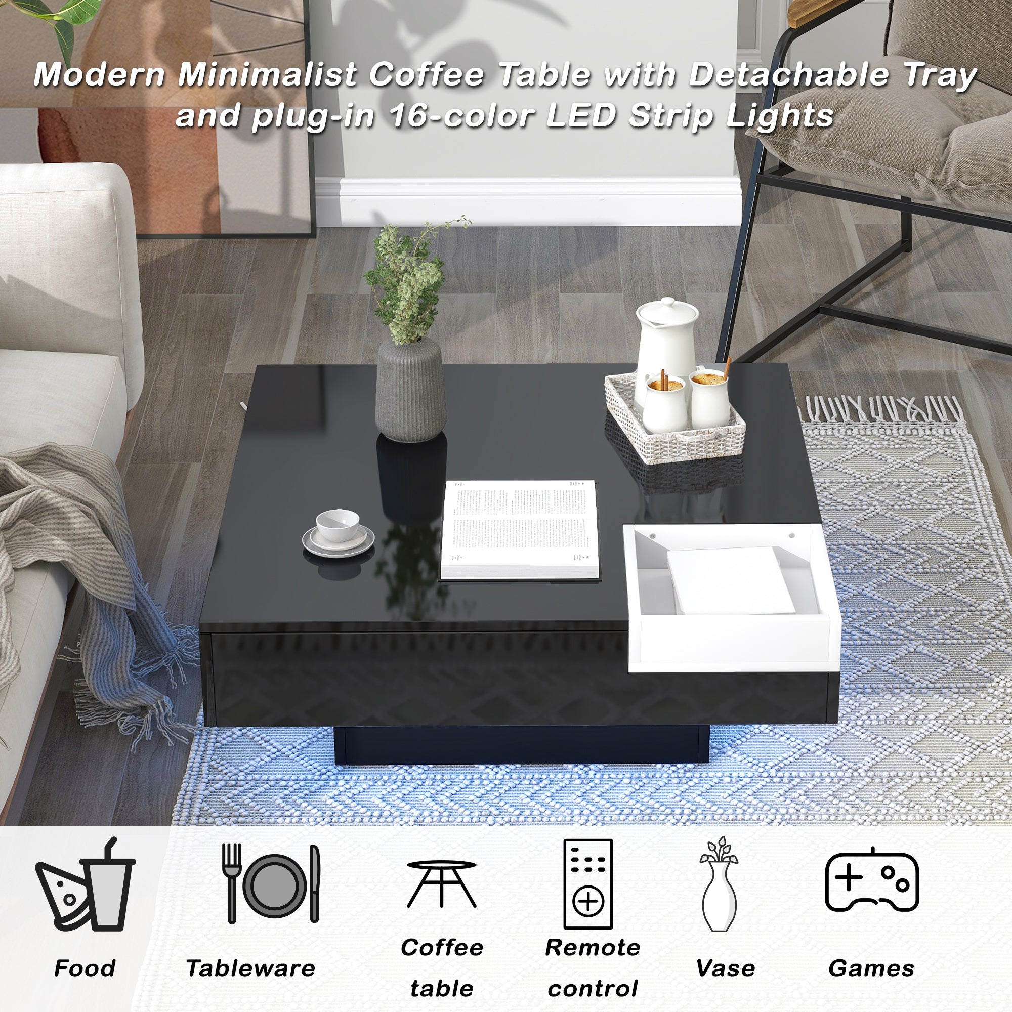 ON-TREND Modern Minimalist Design 31.5*31.5in Square Coffee Table with Detachable Tray and Plug-in 16-color LED Strip Lights Remote Control for Living Room (OLD SKU: WF291303AAB )