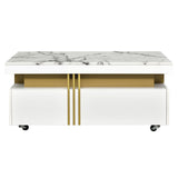 [VIDEO provided] ON-TREND Contemporary Coffee Table with Faux Marble Top, Rectangle Cocktail Table with Caster Wheels, Moderate Luxury Center Table with Gold Metal Bars for Living Room, White