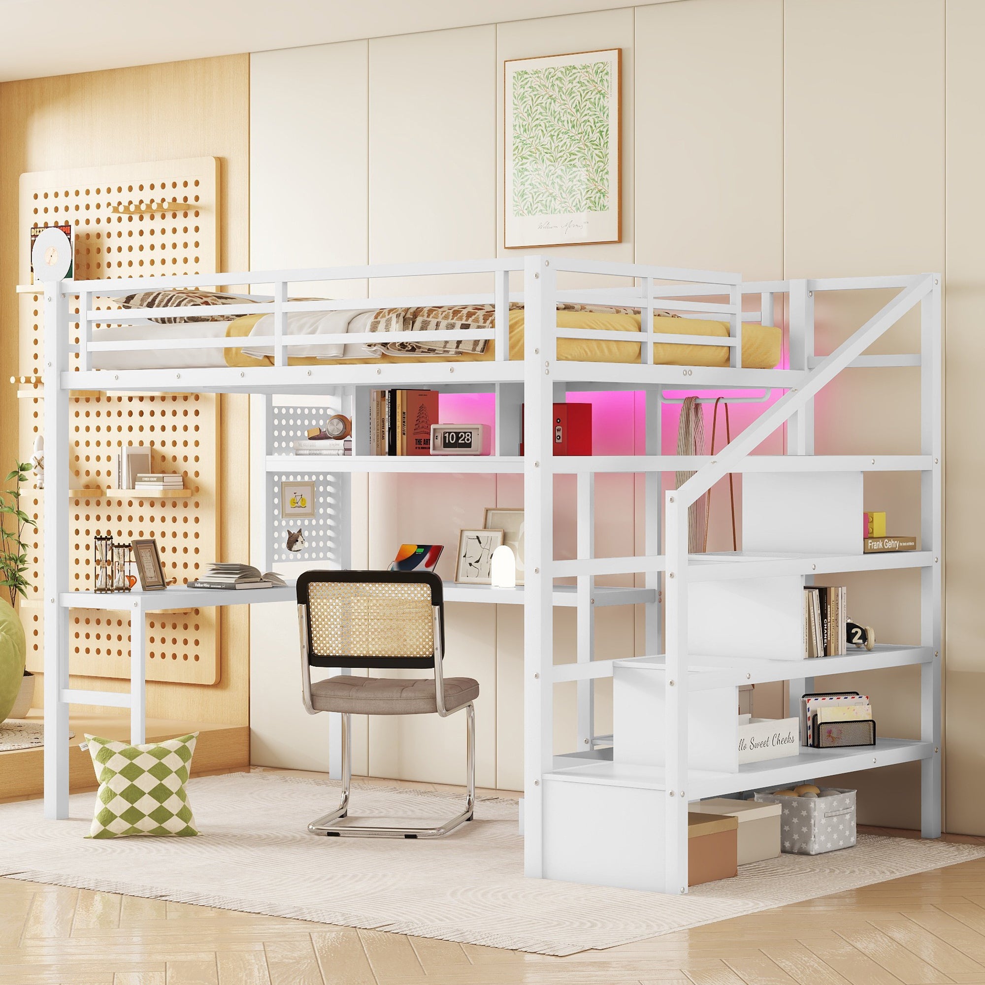 Full Size Loft Bed with LED Light & Charge Station, Metal Loft Bed with Desk and Staircase, Loft bed with Wardrobe for Kids, White (Expect Arrival Date 2025/4/30)