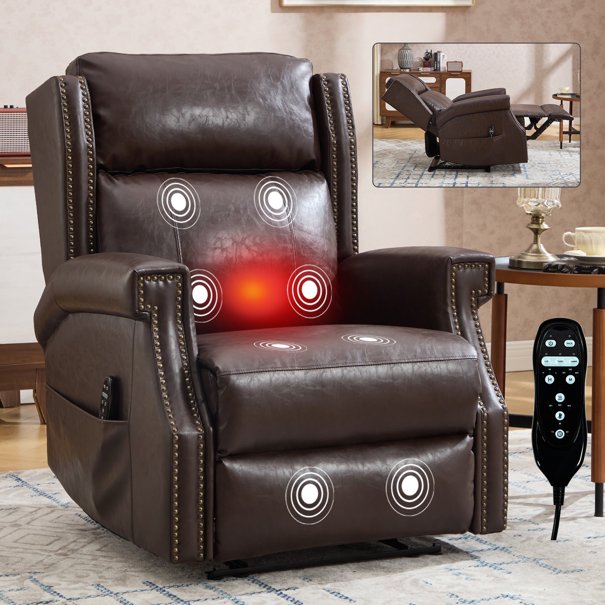 Brown Manual Recliner Chair in Faux Leather for Living Room with Heavy Duty Motion Mechanism, 8 vibrating nodes and 3 massage modes