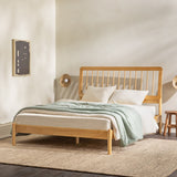 Mid-Century Modern Solid Wood Queen Spindle Bed – Natural Pine