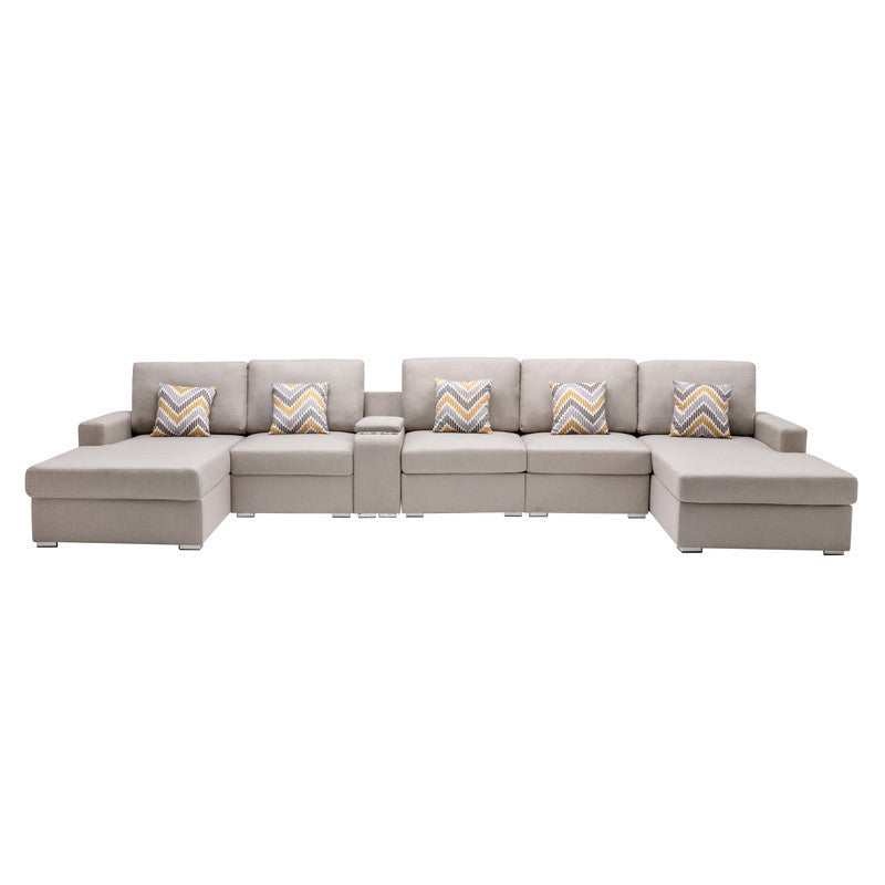 Nolan Beige Linen Fabric 6Pc Double Chaise Sectional Sofa with Interchangeable Legs, a USB, Charging Ports, Cupholders, Storage Console Table and Pillows