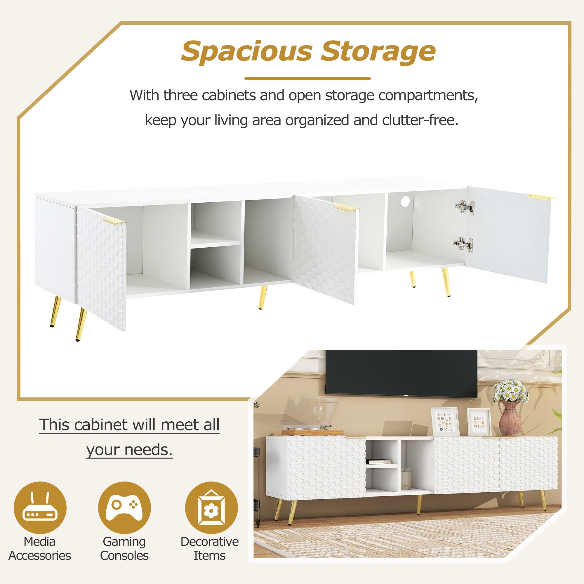 ON-TREND Modern Minimalist Geometric TV Cabinet with Metal Handles and Gold Legs for TVs Up to 80'', Multi-functional TV Stand with Storage Cabinets, Entertainment Center for Living Room, White
