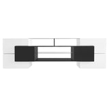 ON-TREND Unique Shape TV Stand with 2 Illuminated Glass Shelves, High Gloss Entertainment Center for TVs Up to 88", Versatile TV Cabinet with LED Color Changing Lights for Living Room, Black&White