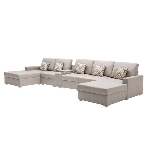 Nolan Beige Linen Fabric 6Pc Double Chaise Sectional Sofa with Interchangeable Legs, a USB, Charging Ports, Cupholders, Storage Console Table and Pillows