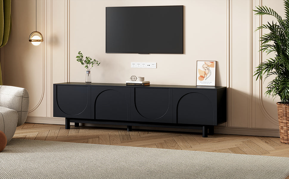 ON-TREND Graceful TV Stand with Arch Cabinets for TVs Up to 78'', Minimalist Entertainment Center with Solid Wood Legs, Practical Media Console with Adjustable Shelves for Living Room, Black