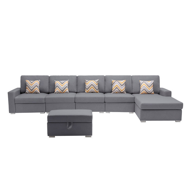 Nolan Gray Linen Fabric 6Pc Reversible Sectional Sofa Chaise with Interchangeable Legs, Pillows and Storage Ottoman