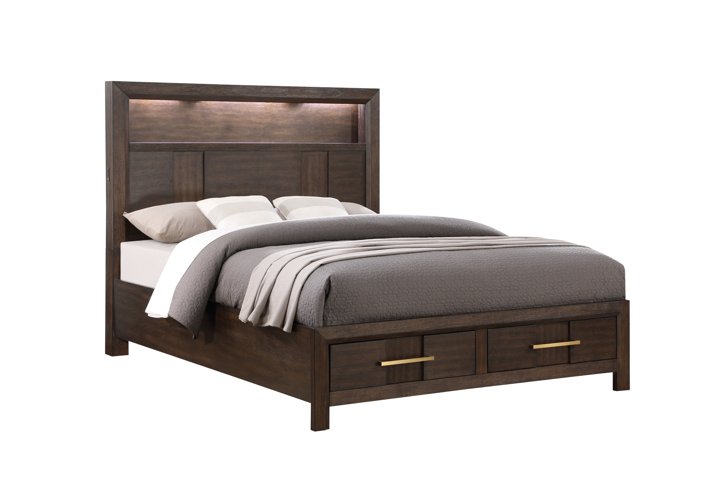 Modern Style Full Bed Made with Wood & LED Headboard with bookshelf in Walnut(NJ INVENTORY)