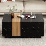 ON-TREND Modern 35.4 x 23.6 Inch Two-tone Coffee Table with Faux Marble and Walnut Wood Grain Finish, Rectangular Center Table with 2 Storage Drawers, Practical Cocktail Table for Living Room, Black