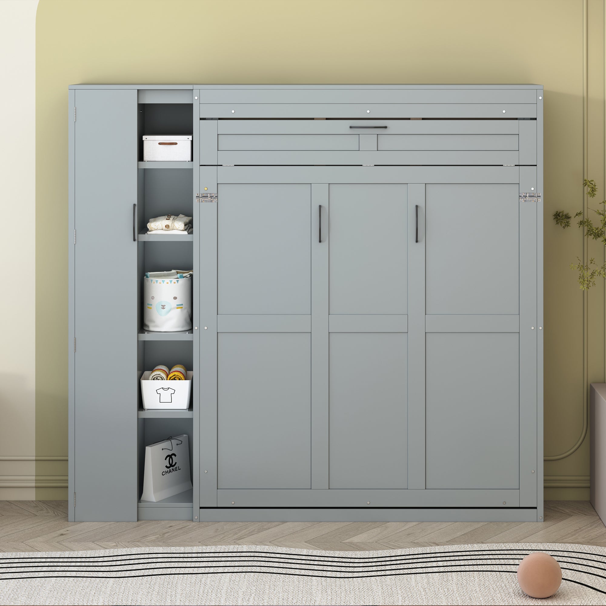 Full Size Murphy Bed Wall Bed with Shelves, Wardrobe and LED Lights,Gray