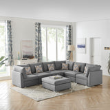 Amira 120.5" Gray Fabric Reversible Modular Sectional Sofa with Ottoman and Pillows