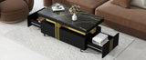 [VIDEO provided] ON-TREND Contemporary Coffee Table with Faux Marble Top, Rectangle Cocktail Table with Caster Wheels, Moderate Luxury Center Table with Gold Metal Bars for Living Room, Black