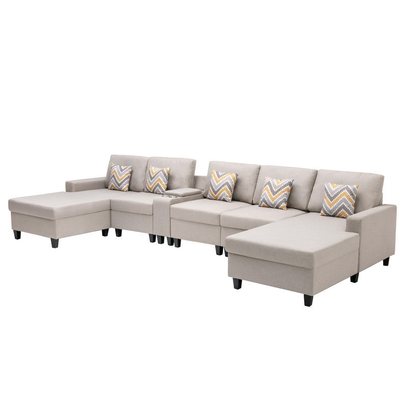 Nolan Beige Linen Fabric 6Pc Double Chaise Sectional Sofa with Interchangeable Legs, a USB, Charging Ports, Cupholders, Storage Console Table and Pillows