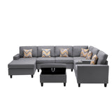 Nolan Gray Linen Fabric 8Pc Reversible Chaise Sectional Sofa with Interchangeable Legs, Pillows, Storage Ottoman, and a USB, Charging Ports, Cupholders, Storage Console Table