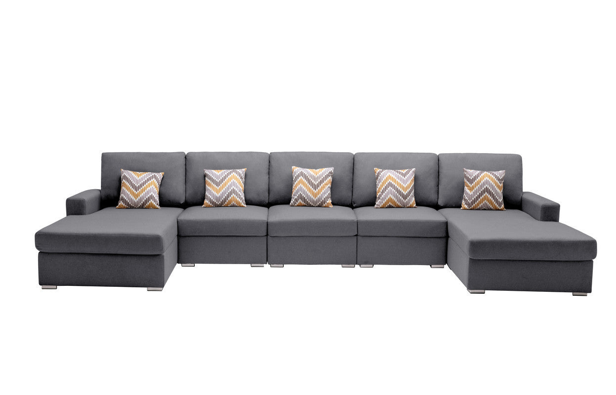 Nolan Gray Linen Fabric 5Pc Double Chaise Sectional Sofa with Pillows and Interchangeable Legs