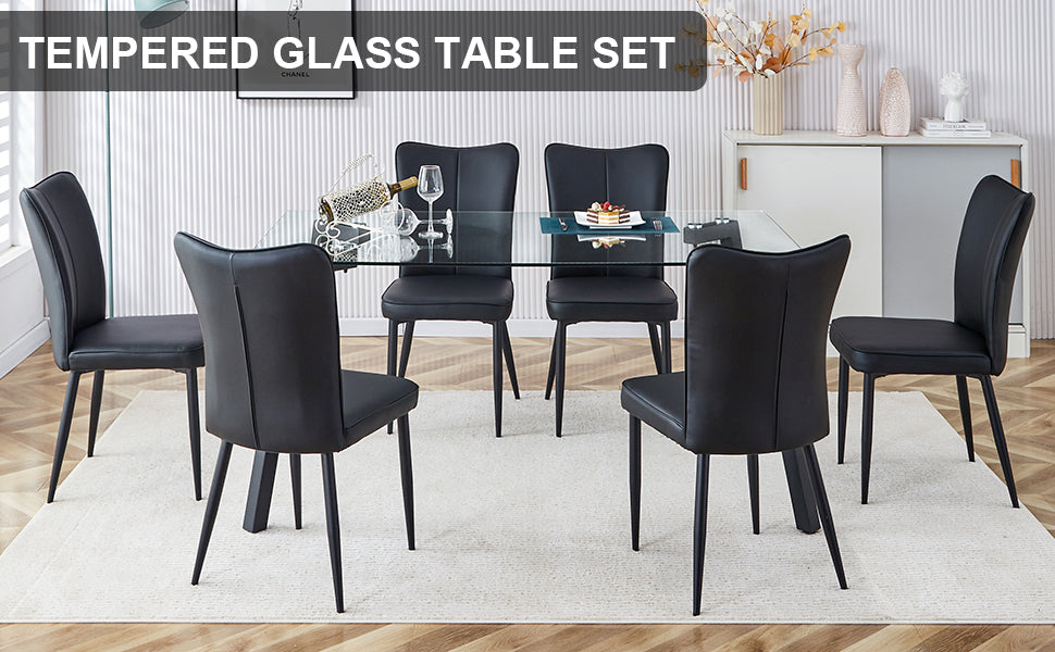 Table and chair set. 1 table and 6 black chairs. Glass dining table with 0.31-inch tempered glass tabletop and black coated metal legs. Equipped with black PU chairs 1123 008