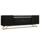 ON-TREND Sleek Design TV Stand with Fluted Glass, Contemporary Entertainment Center for TVs Up to 70", Faux Marble Top TV Console Table with Gold Frame Base, Black