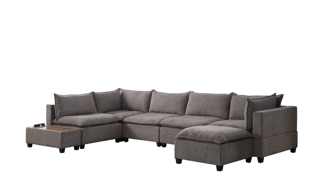 Madison Light Gray Fabric 7Pc Modular Sectional Sofa Chaise with USB Storage Console Table
