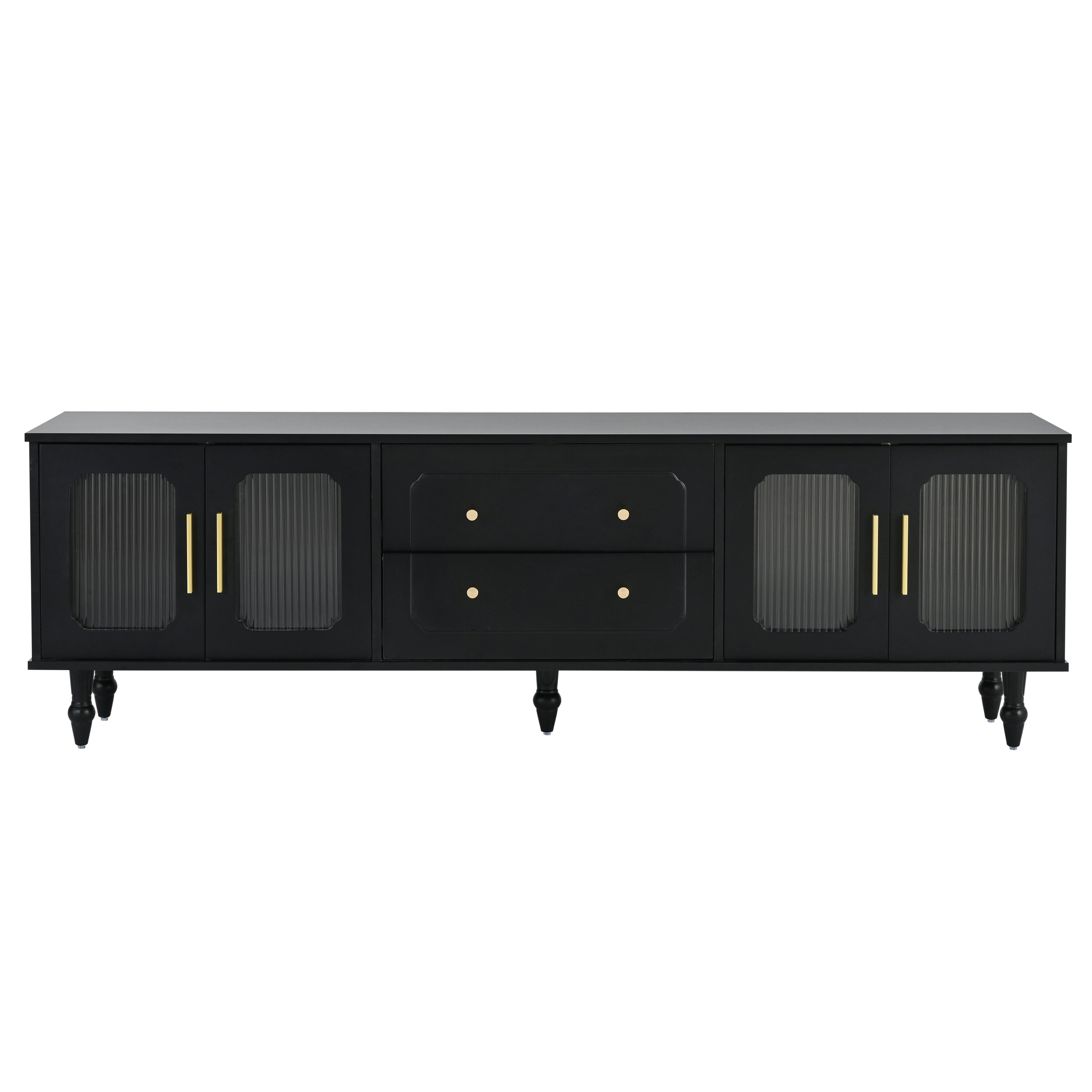 ON-TREND Retro Design TV Stand with Fluted Glass Doors for TVs Up to 78'', Practical Media Console with 2 Drawers and Cabinets, Elegant Entertainment Center for Living Room, Black
