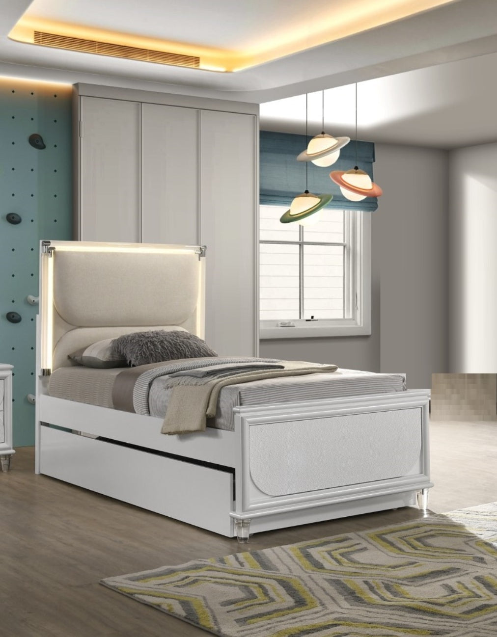 Contemporary Glam Pearl White Full Size Bed Only LED Embossed Panel 1pc Bedframe Trundle Not Included.