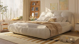 Queen Size Upholstered Platform Bed with Oversized Padded Backrest, Thickening Pinewooden Slats and Solid Wood Leg,Beige