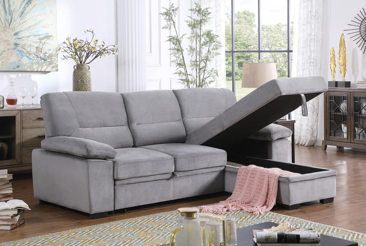 Kipling Gray Velvet Fabric Reversible Sleeper Sectional Sofa Chaise