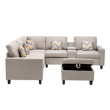 Nolan Beige Linen Fabric 7Pc Reversible Sectional Sofa with Interchangeable Legs, Pillows, Storage Ottoman, and a USB, Charging Ports, Cupholders, Storage Console Table