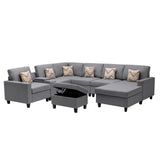 Nolan Gray Linen Fabric 8Pc Reversible Chaise Sectional Sofa with Interchangeable Legs, Pillows, Storage Ottoman, and a USB, Charging Ports, Cupholders, Storage Console Table