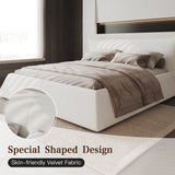 King Size Upholstered Platform Bed with Special Shaped Velvet  Headboard, Metal & Solid Wood Frame,Cream