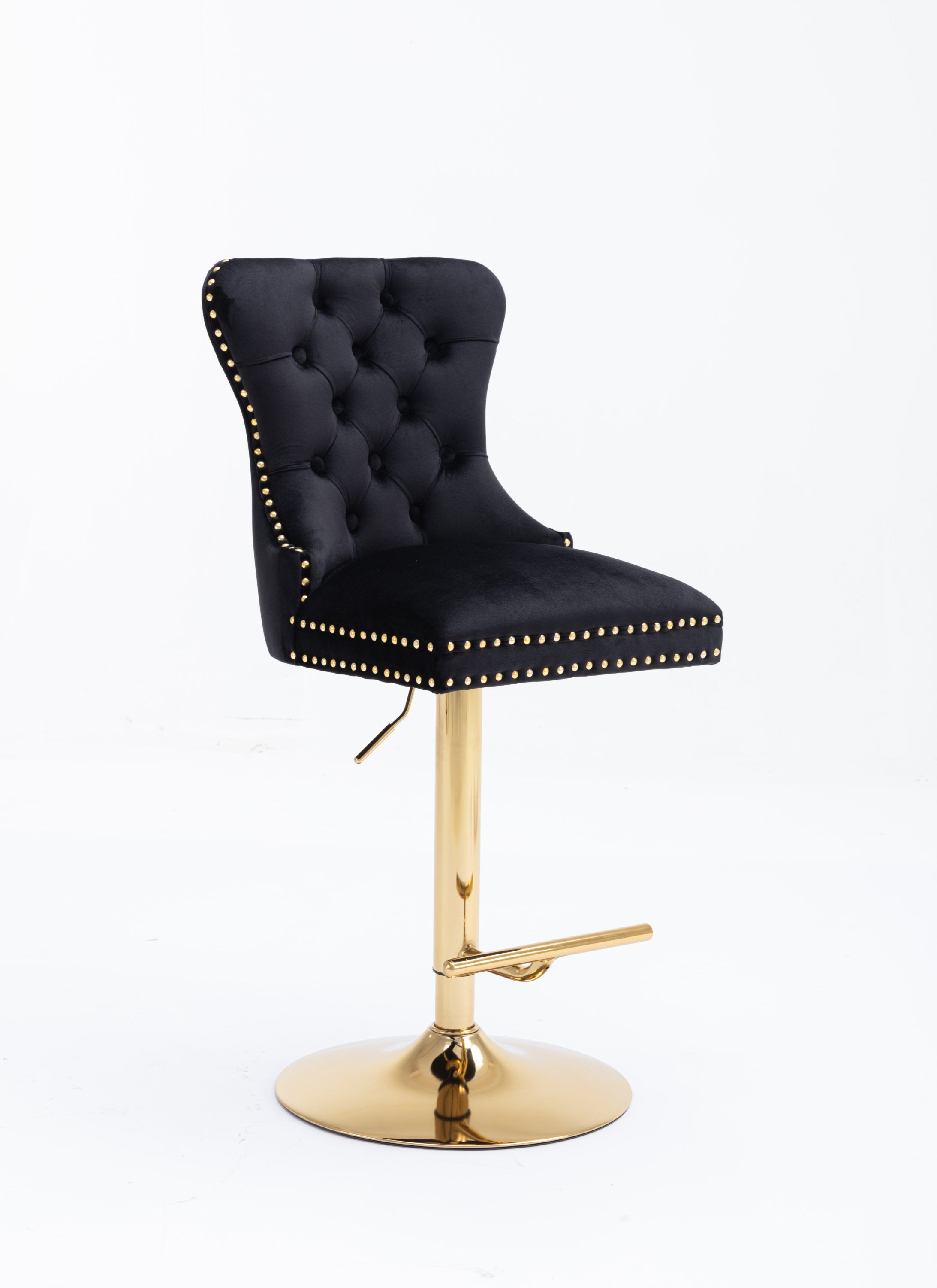 Swivel Bar Stools Chair Set of 2 Modern Adjustable Counter Height Bar Stools, Velvet Upholstered Stool with Tufted High Back & Ring Pull for Kitchen , Chrome Golden Base, Black