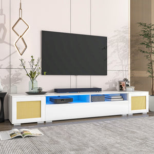 ON-TREND Rattan Style Entertainment Center with Push to Open Doors, 3-pics Extended TV Console Table for TVs Up to 90'', Modern TV Stand with Color Changing LED Lights for  Home Theatre, White