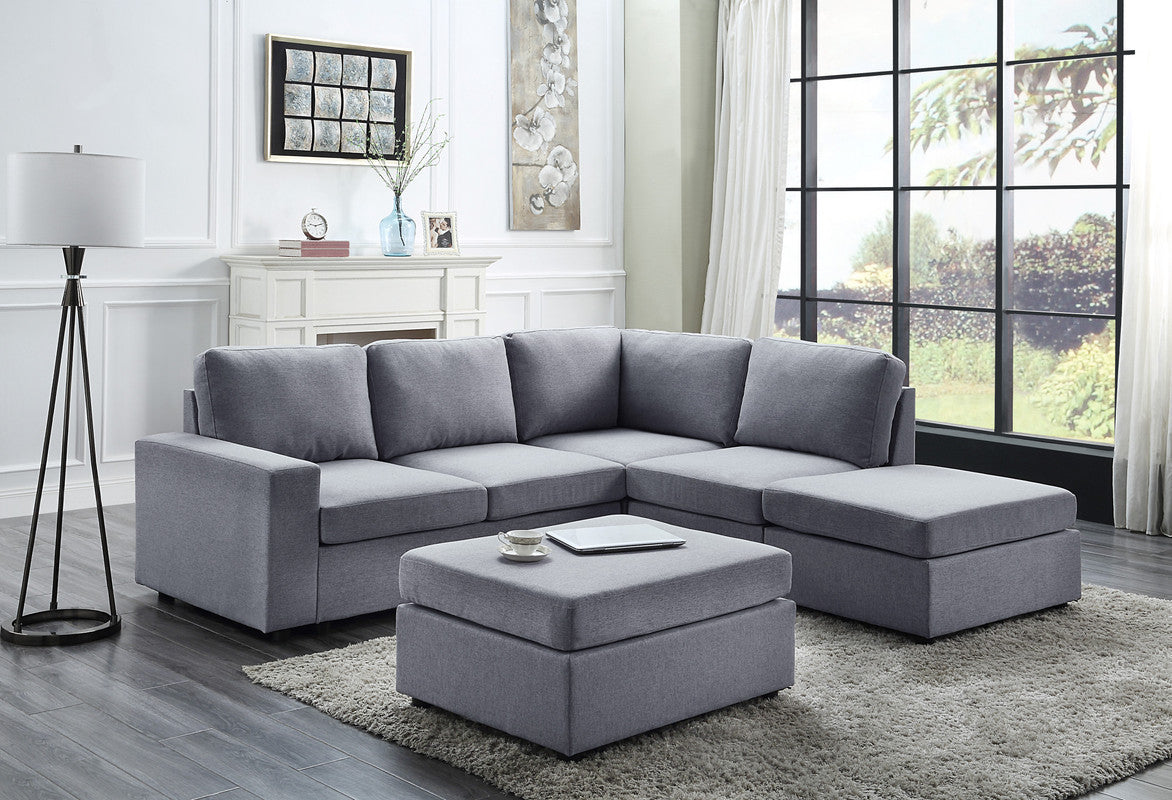 Marta Light Gray Linen 6 Seat Reversible Modular Sectional Sofa with Ottoman