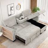 Light Gray Sectional with Storage Rack Pull-out Bed Drop Down Table  and USB Charger