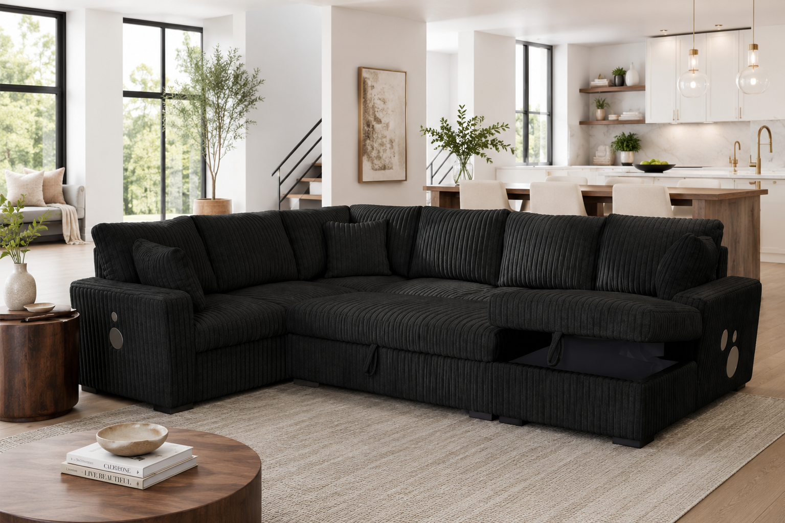 MIDNIGHT 3PC OVERSIZED BLACK CORDUROY SECTIONAL W/ BLUETOOTH SPEAKERS
