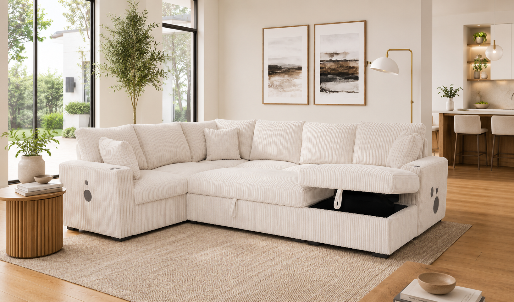 MIDNIGHT 3PC OVERSIZED BEIGE CORDUROY SECTIONAL W/ BLUETOOTH SPEAKERS (Copy)
