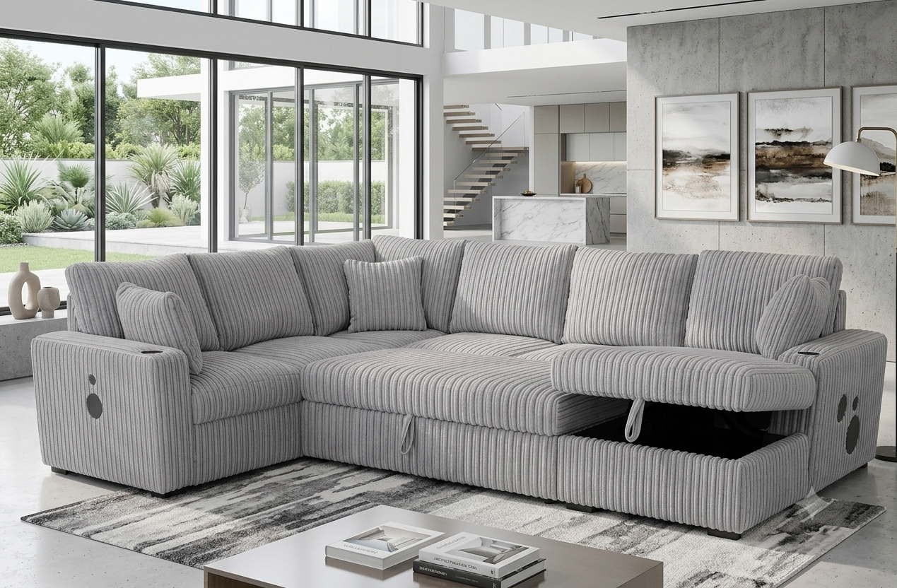 MIDNIGHT 3PC OVERSIZED GRAY CORDUROY SECTIONAL W/ BLUETOOTH SPEAKERS (Copy) (Copy)