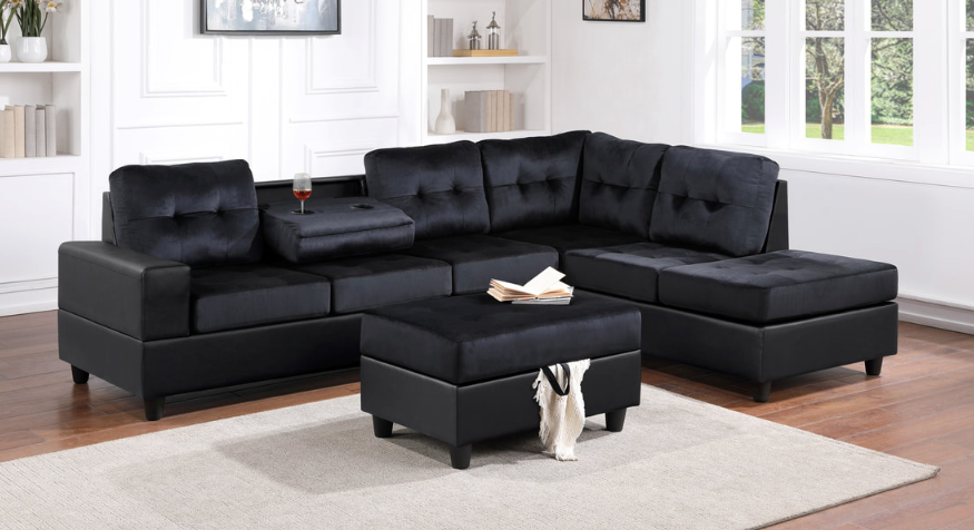 3pc Black Velvet Sofas 