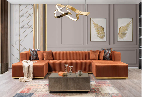 JULIANA ORANGE VELVET DOUBLE CHAISE SECTIONAL