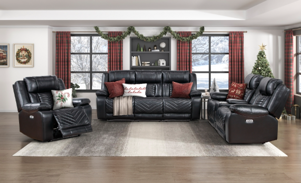 HURON BLACK LEATHER GEL POWER RECLINING SET