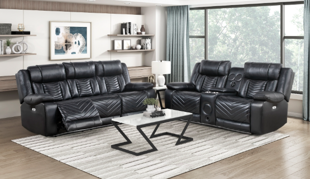 HURON BLACK LEATHER GEL POWER RECLINING SET