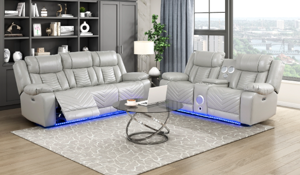 HURON LIGHT GRAY LEATHER GEL POWER RECLINING SET