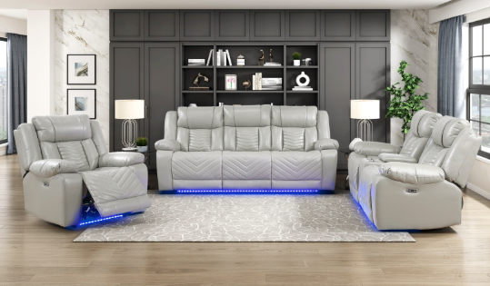 HURON LIGHT GRAY LEATHER GEL POWER RECLINING SET