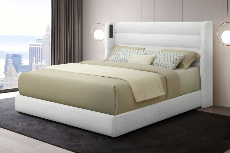 OFF WHITE BOUCLE BED & MATTRESS COMBO W/ SPEAKERS