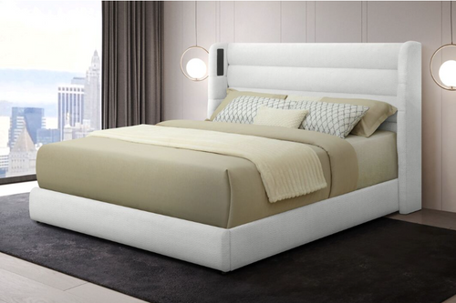OFF WHITE BOUCLE BED & MATTRESS COMBO W/ SPEAKERS