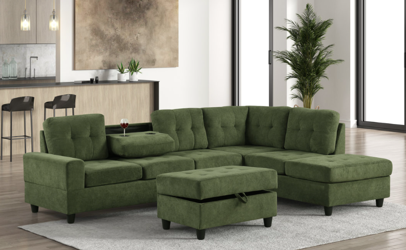 ALTURA 3PC GREEN PERFORMANCE FABRIC SECTIONAL & OTTOMAN SET