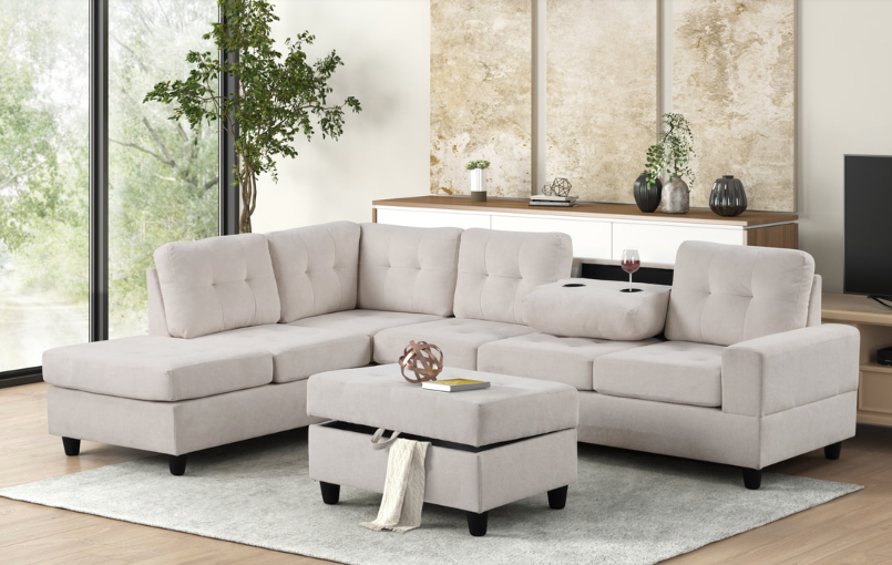 ALTURA 3PC BEIGE PERFORMANCE FABRIC SECTIONAL & OTTOMAN SET