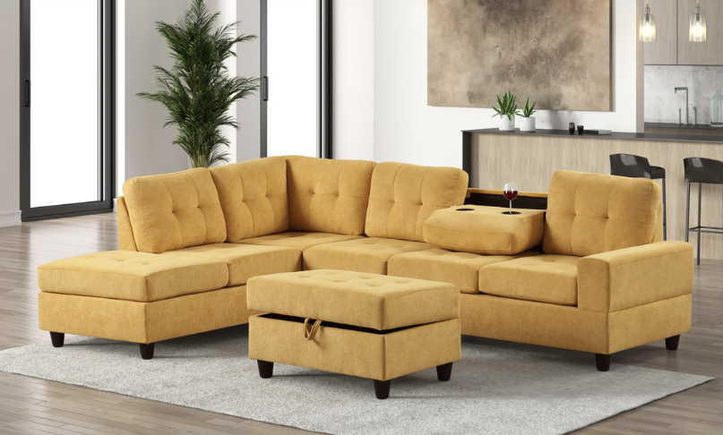 ALTURA 3PC MUSTARD PERFORMANCE FABRIC SECTIONAL & OTTOMAN SET
