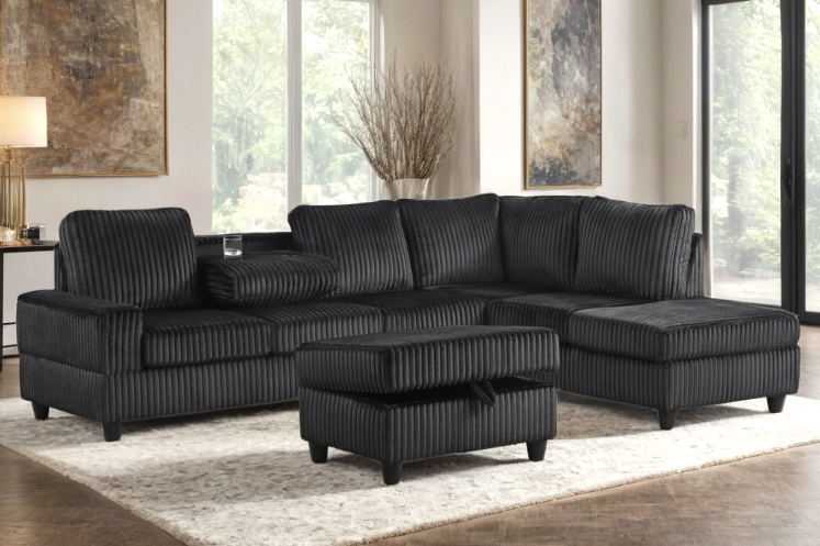 ALTURA 3PC BLACK CORDUROY SECTIONAL & OTTOMAN SET